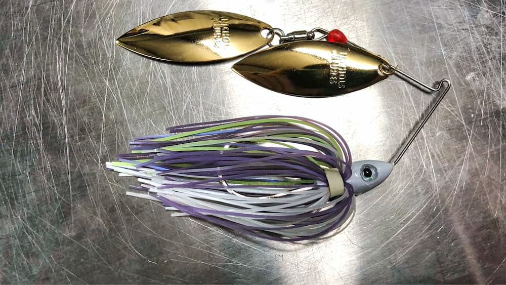 Nichols Lures Pulsator Double Willow Spinnerbait setting on desk