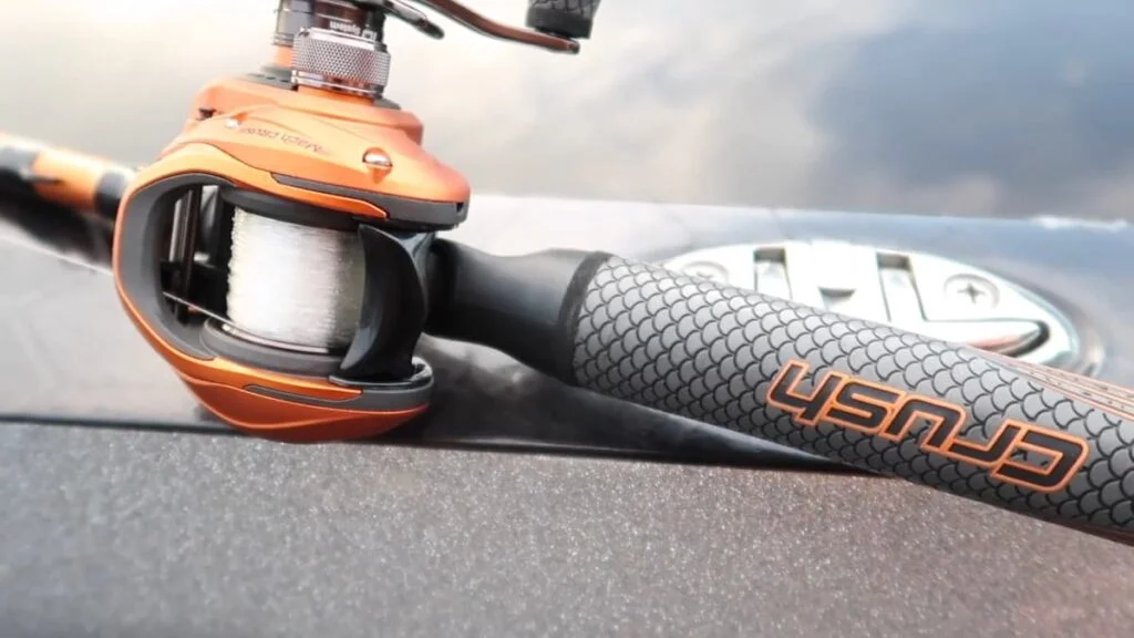 Up close shot of Lew's Mach Crush mounted on a fishing pole.