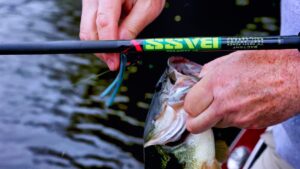 Man holding a bass that was caught with the Bass X rod