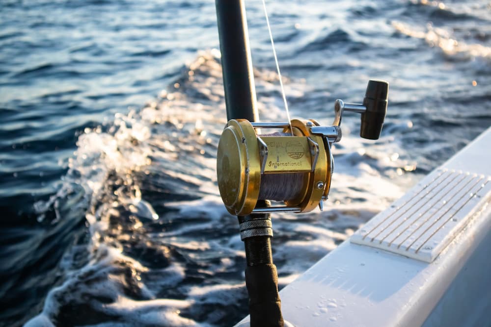 Conventional reel mounted on fishing pole fishing in the ocean