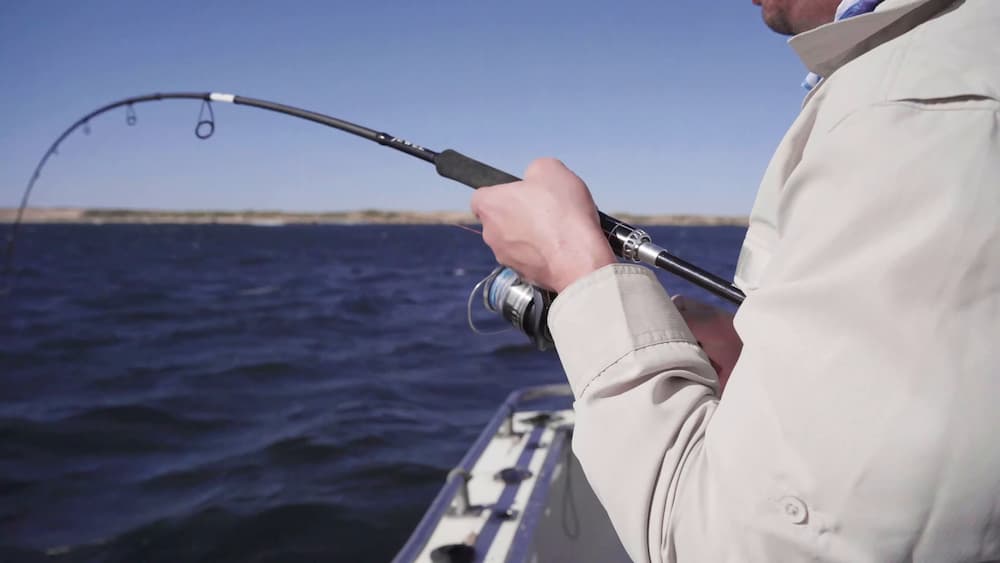 Man reeling in a bass with the Miravel reel.