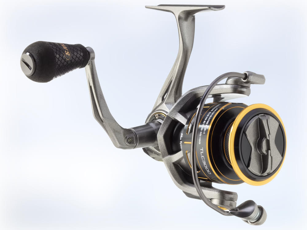 A close up of the Lews Custom Pro Spinning Reel.
