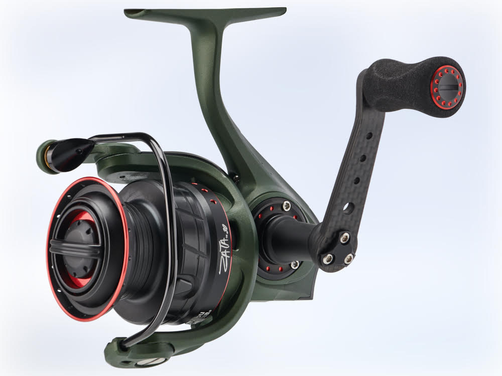 A close up of a person holding an Abu Garcia Zata Spinning Reel.