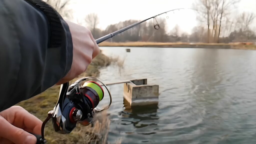 Olive green Daiwa Ballistic MQ LT Spinning Reel in the water.
