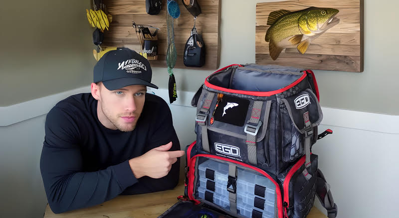 A man reviewing the EGO Kryptek Tackle Backpack at a table