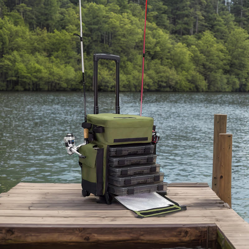 Elkton Outdoors Rolling Tackle Box on a fishing dock
