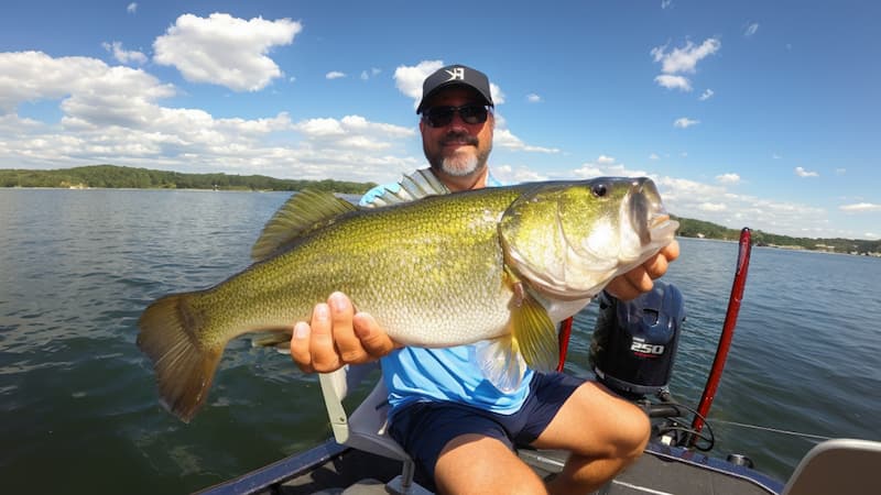 An angler proudly holding a trophy-sized bass caught during summer fishing