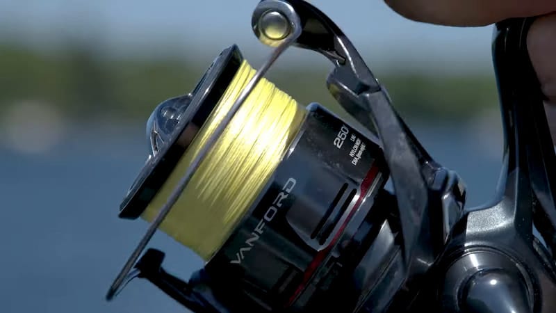 Close-up of Shimano Vanford FA reel spooled with bright yellow fishing line